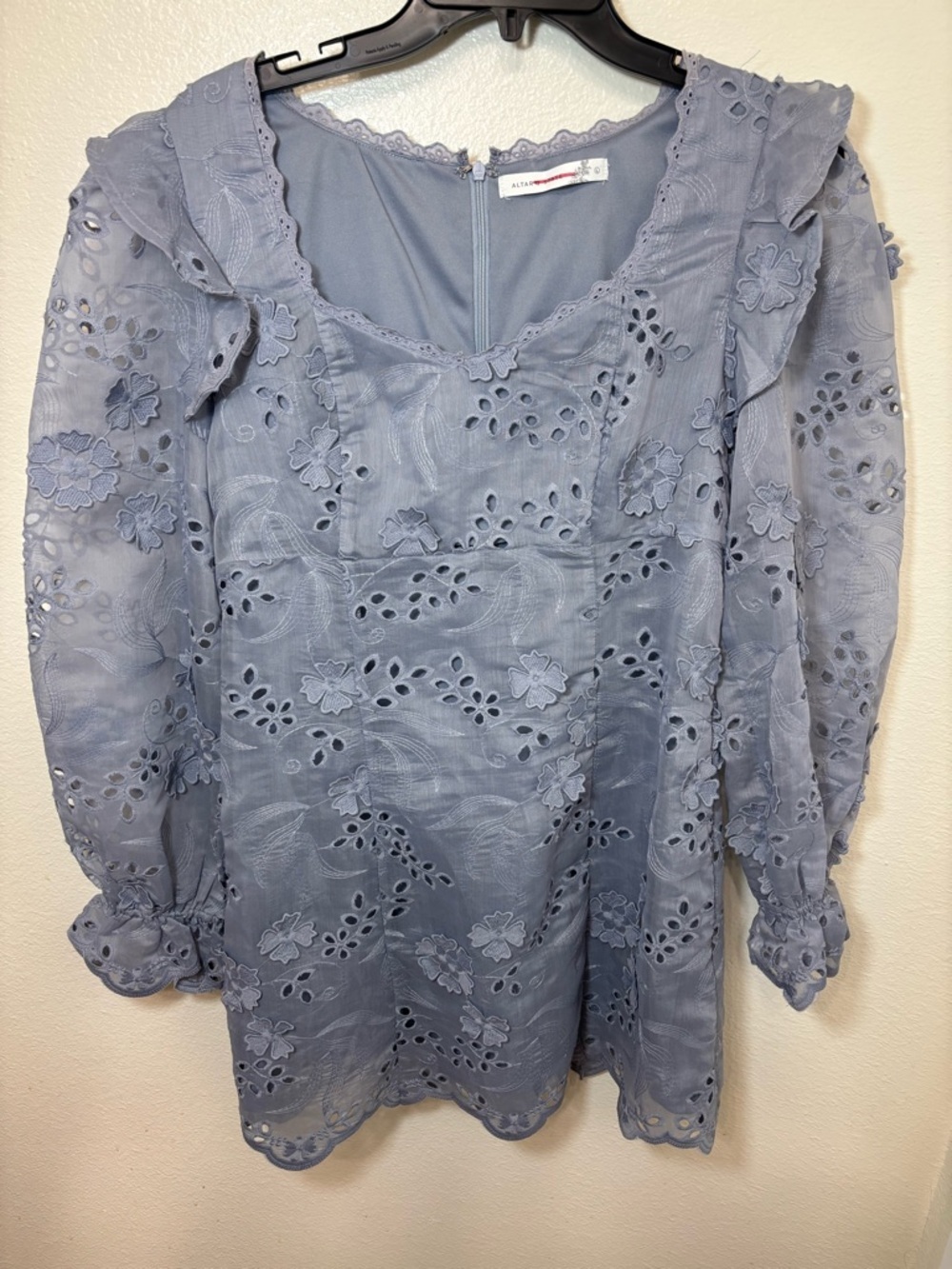 Altar'd State Light Lavender textured Floral Lace Long Sleeve Mini event Dress - Picture 3 of 8